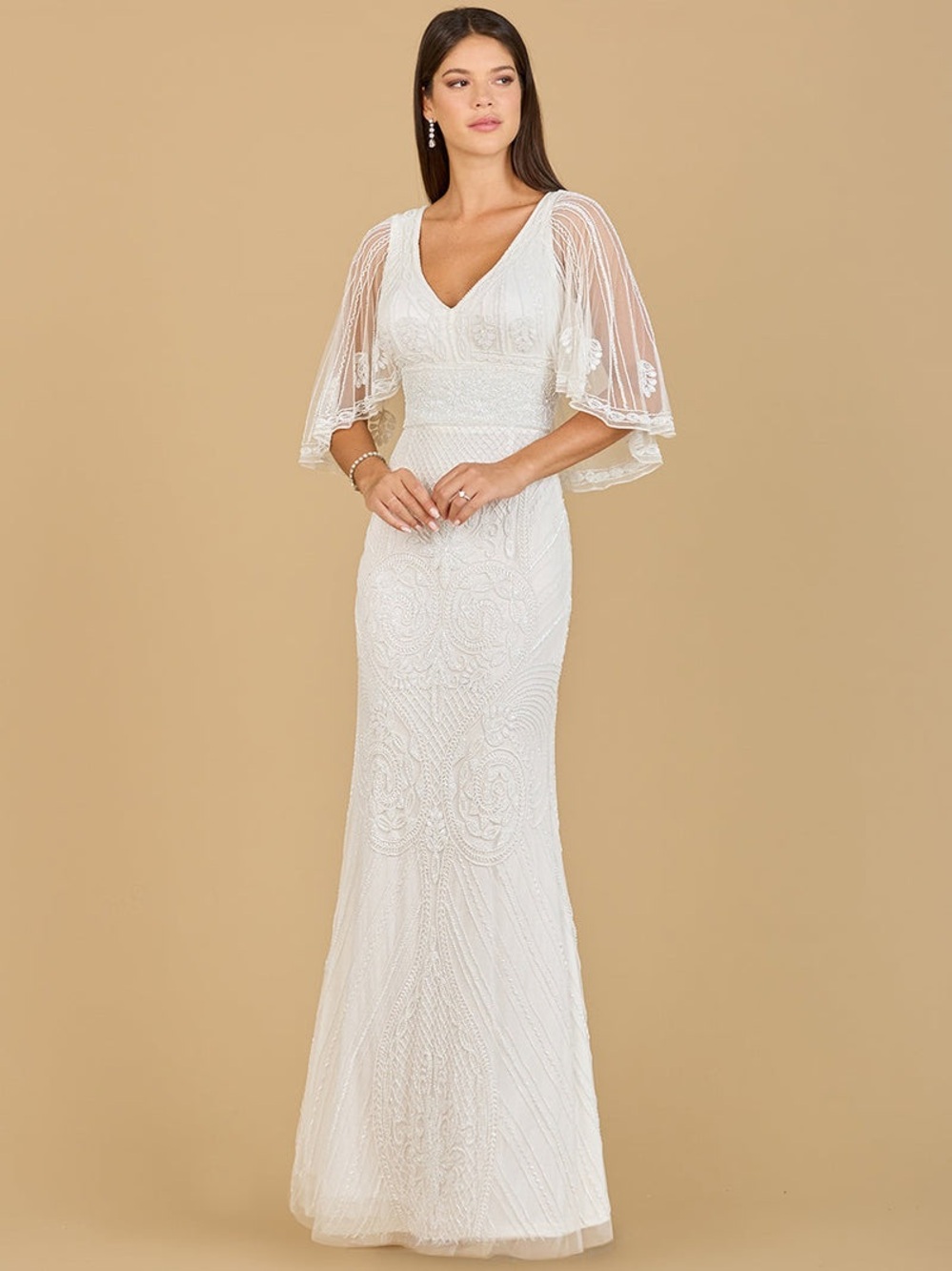White Lace Hand Beaded Wedding Gown with Sheer Cape Sleeves Size 2 (up to sz 6)